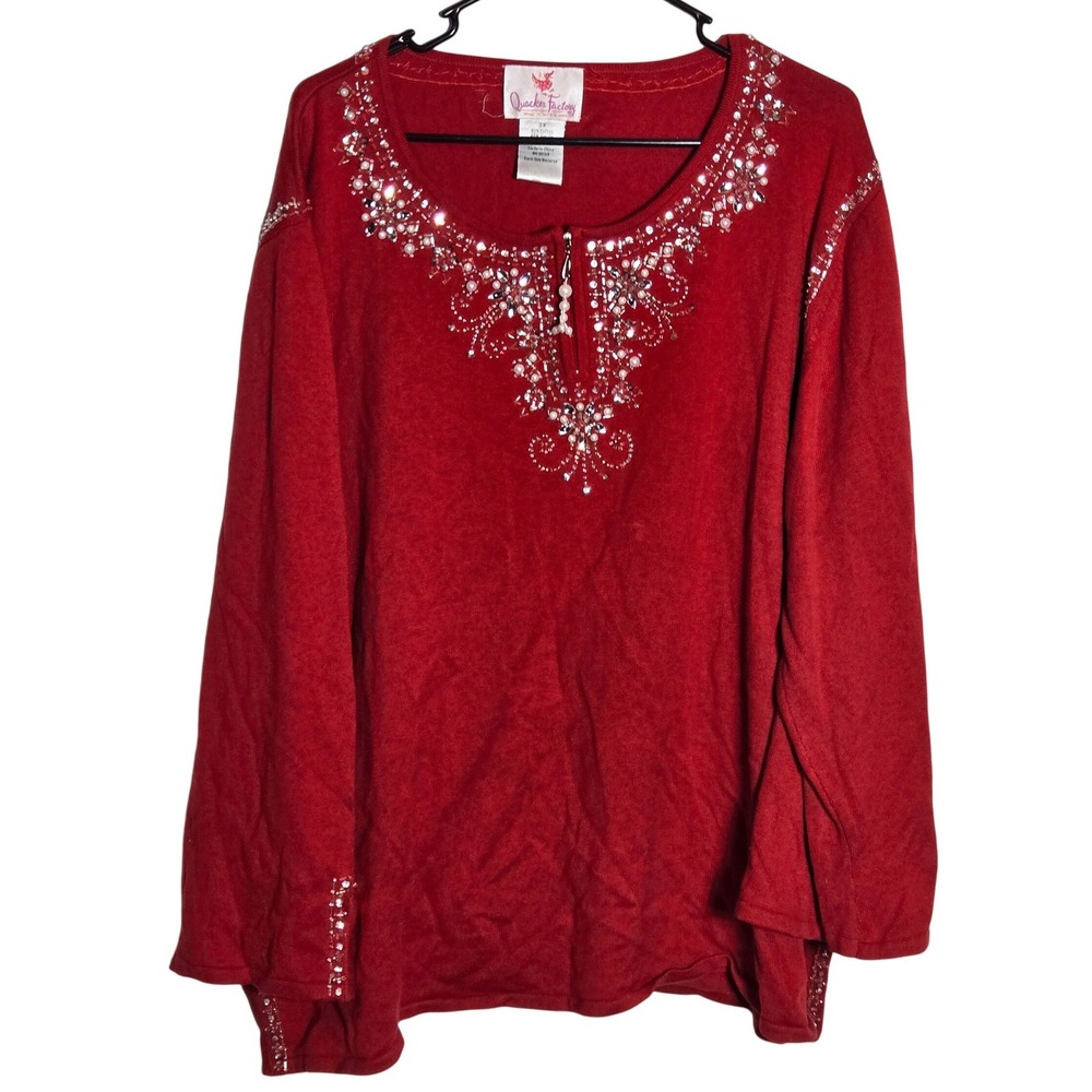 Quacker Factory Red Beaded Sequin Sweater Plus 3X Holiday Winter Festive Glam